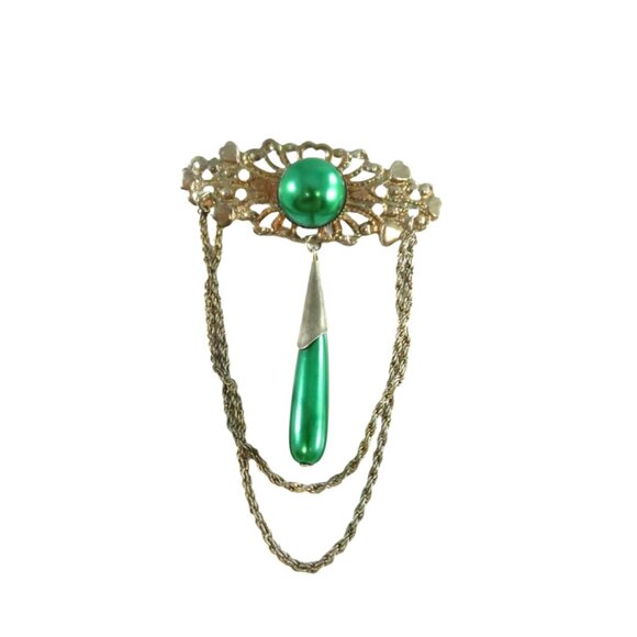 Vintage Silver Tone Pierced Metal Green Faux Pearls Pin Brooch with Chain Swag - Picture 1 of 10